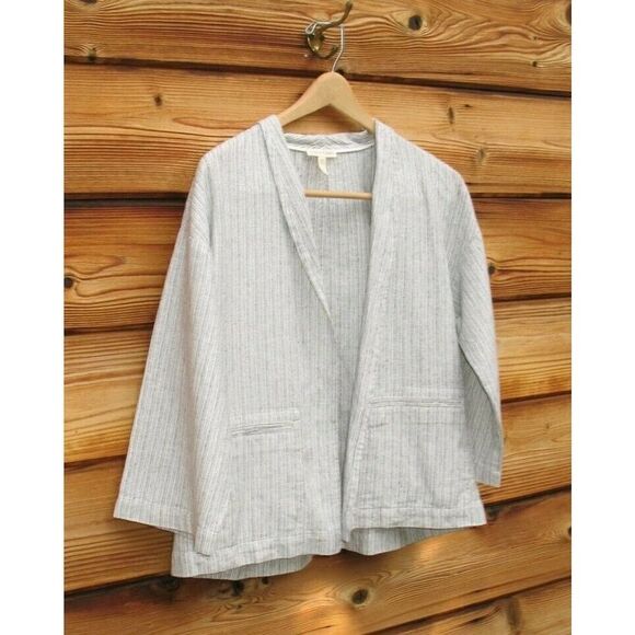 Eileen Fisher Ivory Organic Linen Cotton Boxy Ticking Stripe Jacket Size S - Picture 4 of 10